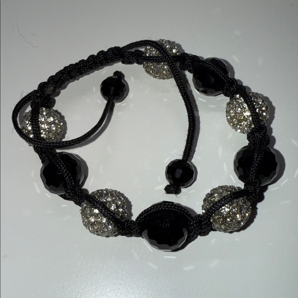 Adjustable Black glass and Silver tone pace rhinestone Beaded Bracelet
